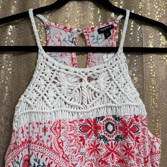 Torrid Red Ivory Knit Macramé High Neck Boho Print Tank Size 0 Large NWT - Picture 3 of 11
